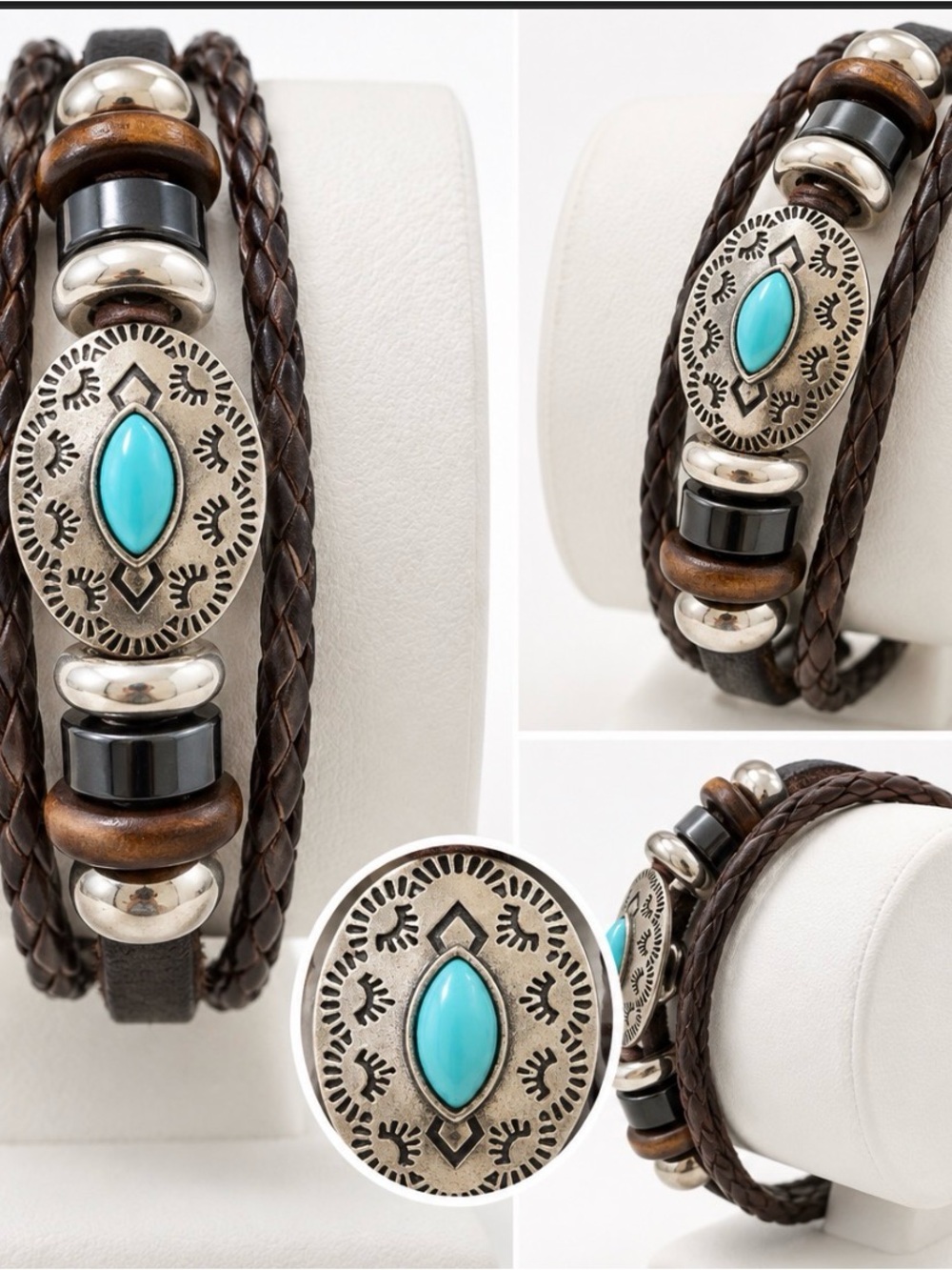 Turquoise-Accent Brown Leather Multi-Strand Bracelet - Women Jewelry